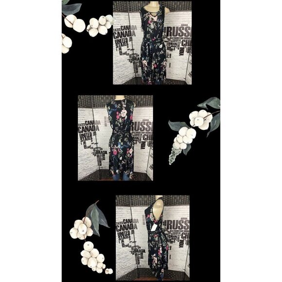 Chelsea Studio 1X Black Floral Print Keyhole Neck Tie Belt Hanky Hem Dress - Picture 1 of 6